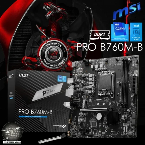 MSI PRO B760M-B DDR4 mATX Motherboard LGA 1700 Support Intel® Core™ 14th/ 13th/ 12th Gen Processors ; Dual Channel DDR4 4800+MHz (OC) ; PCIe 4.0, Lightning Gen4 x4 M.2 ; 2.5G LAN ; Steel Armor