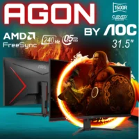 AOC C32G2ZE 32″ Curved Frameless Gaming Monitor, Full HD 1920×1080, VA, 0.5ms 240Hz, AMD FreeSync Premium, DP/HDMI/VGA, VESA, 3-3-1 Re-Spawn Program, Xbox PS5 Switch | Black & RED C32G2ZE
