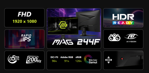 MSI MAG 244F 24″ FHD 200Hz Rapid IPS Flat Gaming Monitor, 0.5ms Response, Adaptive Sync, HDR Ready, AI Vision, Anti-Flicker, HDMI/DP, VESA Mount, Less Blue Light - Image 3