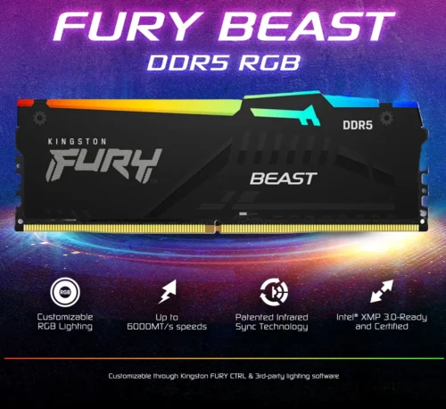 Kingston FURY RGB 64GB DDR5 5600MT/s CL36 DIMM | Intel XMP & AMD EXPO Ready | On-Die ECC, RGB, Low Voltage 1.25V, Black Heatsink – High-Speed Performance Memory