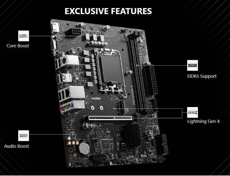 MSI PRO B760M-E DDR5 Motherboard, Micro-ATX – Supports Intel 12th & 13th Gen Core Processors, LGA 1700 – DDR5 Memory Boost 5600MHz, PCIe 4.0 x16 Slot, M.2 Gen4 Slot ~ – 1 Year Warranty - Image 3