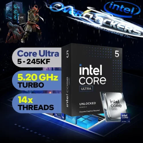 CPU Intel® Core™ Ultra 5 245KF Arrow Lake Processor  – 14 cores (6 P-cores + 8 E-cores) up to 5.2 GHz – LGA 1851 – 125W Thermal Power Design – Intel Graphics – BOXED Desktop Processor | 1 YEAR WARRANTY