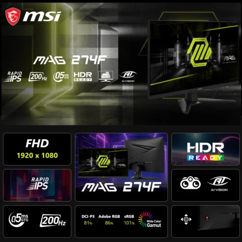 MSI MAG 274F 27-Inch FHD Rapid IPS Gaming Monitor – 200Hz Refresh Rate, 0.5ms Response Time, HDR Ready, AI Vision, Adaptive Sync, True 10-Bit Color Depth, Console & VRR Support, HDMI 2.0b, DP 1.2a, Tilt-Adjustable | - Image 3