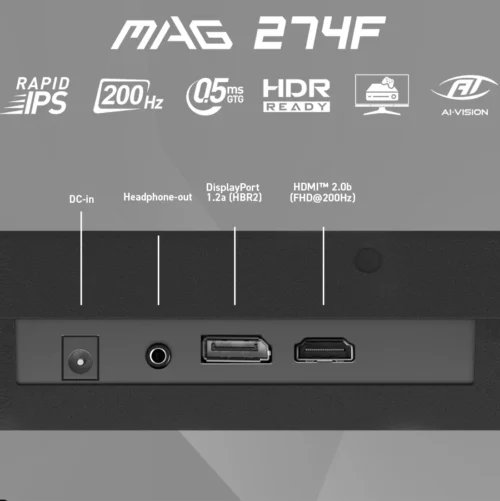 MSI MAG 274F 27-Inch FHD Rapid IPS Gaming Monitor – 200Hz Refresh Rate, 0.5ms Response Time, HDR Ready, AI Vision, Adaptive Sync, True 10-Bit Color Depth, Console & VRR Support, HDMI 2.0b, DP 1.2a, Tilt-Adjustable | - Image 8