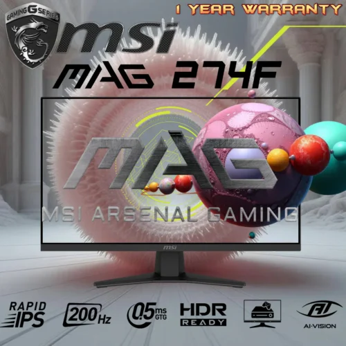 MSI MAG 274F 27-Inch FHD Rapid IPS Gaming Monitor – 200Hz Refresh Rate, 0.5ms Response Time, HDR Ready, AI Vision, Adaptive Sync, True 10-Bit Color Depth, Console & VRR Support, HDMI 2.0b, DP 1.2a, Tilt-Adjustable |
