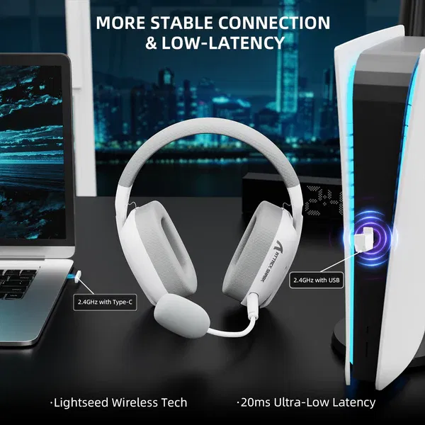 ATTACK SHARK L80PRO White Wireless Gaming Headset – Ultra-Light Tri-Mode Headphones with 20ms Low Latency, Dual Mics, 40mm Drivers for PC, PS5, Xbox - Image 4