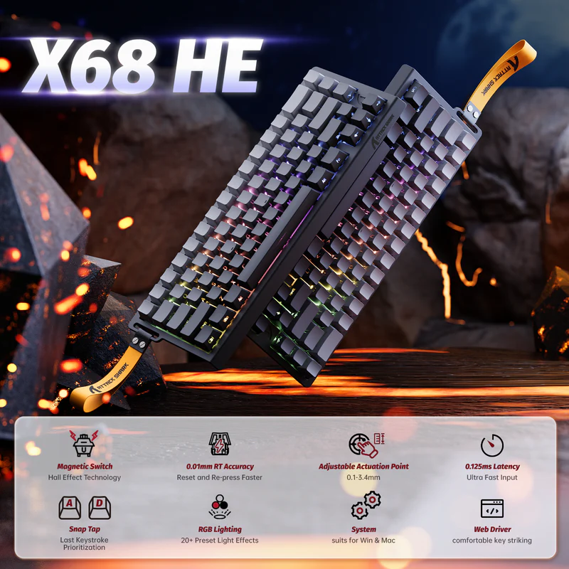Attack Shark X68 HE Mechanical Keyboard – 66 Keys, Wired RGB, 8KHz Magnetic Switches, Rapid Trigger, Adjustable Actuation, RT/MT/DKS, Moon Night