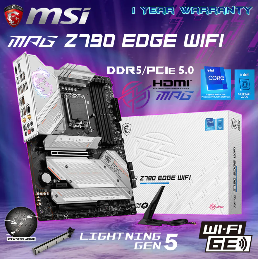 MSI MPG Z790 EDGE WIFI DDR5 ATX Motherboard With PCIe 5.0 Slot, Support Intel® Core™ 14th/ 13th/ 12th Gen , DDR5 7200+ MHz, Wi-Fi 6E, 5x M.2 Gen 4, 2.5G LAN, USB 20Gbps Type-C | WHITE SILVER ACCENTS | 1 Year Warranty