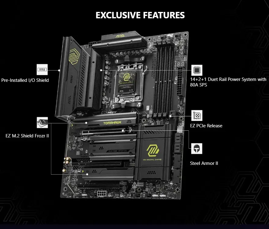 MSI MAG X870 TOMAHAWK WIFI AM5 ATX DDR5 Gaming Motherboard, 4x SATA 6Gb/s, AMD Wi-Fi 7,USB 4.0 , Audio Boost 5 ; Supports AMD Ryzen™ 9000 / 8000 / 7000 Series Desktop Processors - Image 2