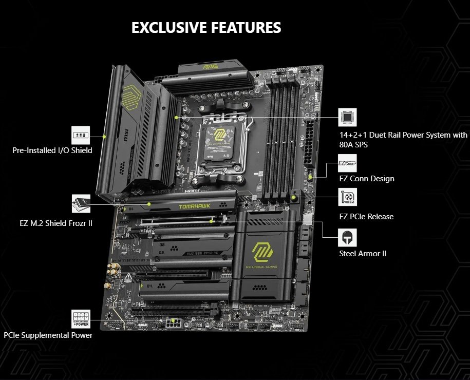 MSI MAG X870E TOMAHAWK WIFI AMD AM5 ATX Motherboard ; Dual Channel DDR5 8400+ MT/s (OC) ; PCIe 5.0 slot, Lightning Gen 5 x4 M.2 ; Audio Boost 5 ; Frozr Guard Heatsink ; Supports AMD Ryzen™ 9000 / 8000 / 7000 Series - Image 2