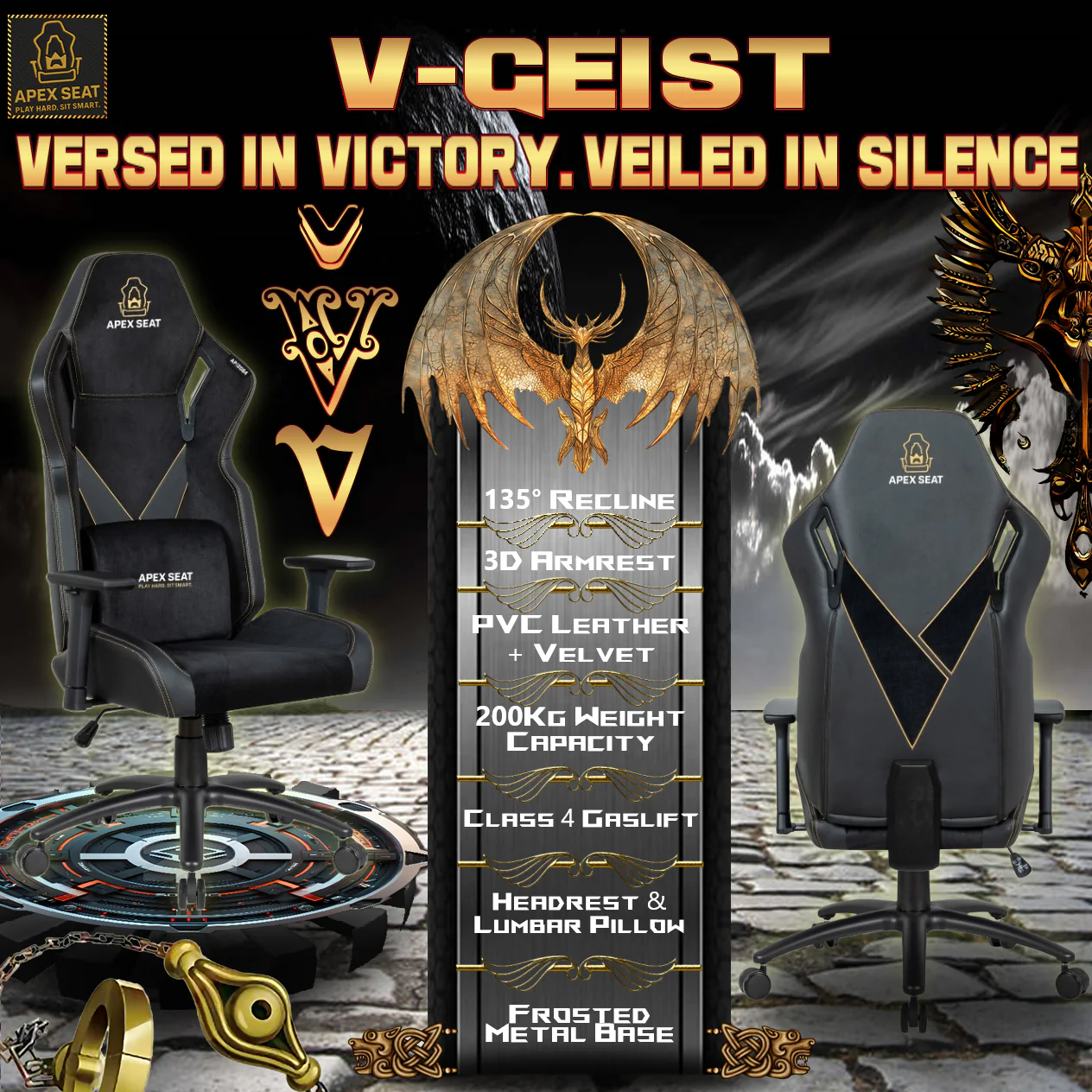 APEX SEAT “V-Geist ” Ergonomic Gaming Chair With 3D Armrests, PVC Leather & Velvet Fabric ,Frosted Metal Base, Class 4 Gaslift, PU Casters, Thick Cushion & Reclining Swivel Design , 200Kgs Weight Threshold . Headrest & Lumbar Pillow Included | BLACK WITH GOLD EMBROIDERY