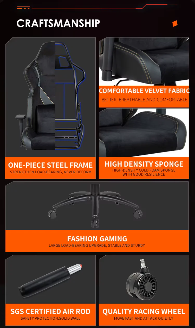 APEX SEAT “V-Geist ” Ergonomic Gaming Chair With 3D Armrests, PVC Leather & Velvet Fabric ,Frosted Metal Base, Class 4 Gaslift, PU Casters, Thick Cushion & Reclining Swivel Design , 200Kgs Weight Threshold . Headrest & Lumbar Pillow Included | BLACK WITH GOLD EMBROIDERY - Image 7