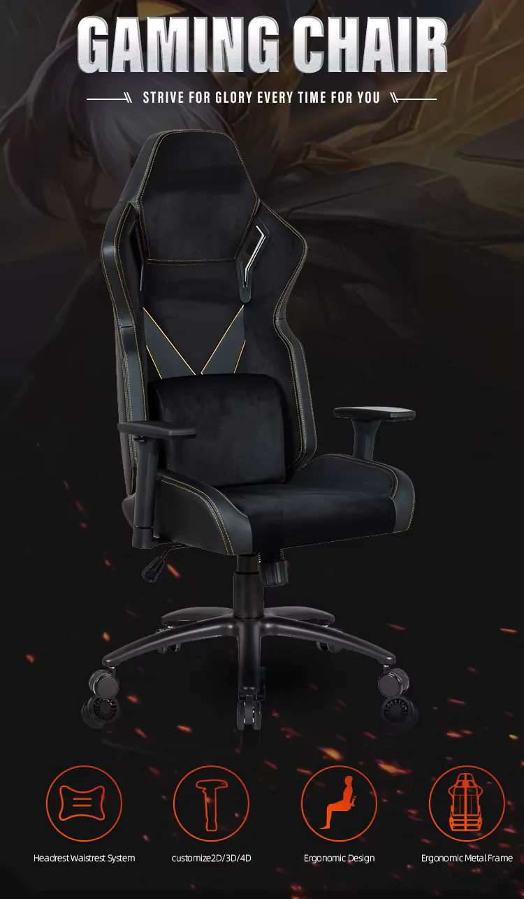 APEX SEAT “V-Geist ” Ergonomic Gaming Chair With 3D Armrests, PVC Leather & Velvet Fabric ,Frosted Metal Base, Class 4 Gaslift, PU Casters, Thick Cushion & Reclining Swivel Design , 200Kgs Weight Threshold . Headrest & Lumbar Pillow Included | BLACK WITH GOLD EMBROIDERY - Image 10