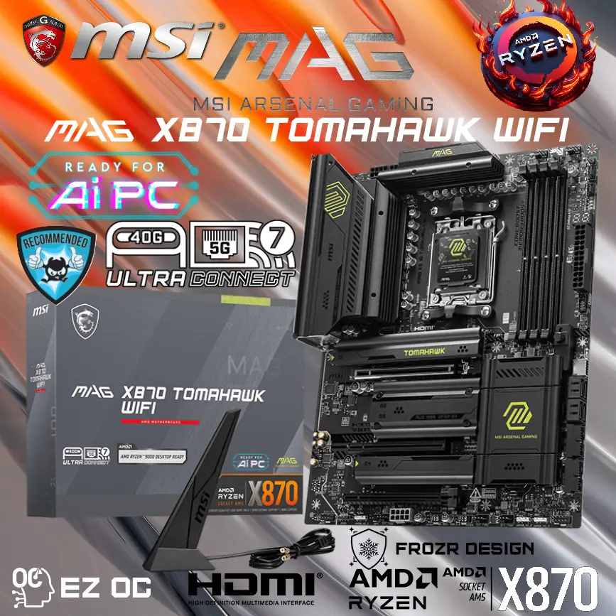 MSI MAG X870 TOMAHAWK WIFI AM5 ATX DDR5 Gaming Motherboard, 4x SATA 6Gb/s, AMD Wi-Fi 7,USB 4.0 , Audio Boost 5 ; Supports AMD Ryzen™ 9000 / 8000 / 7000 Series Desktop Processors