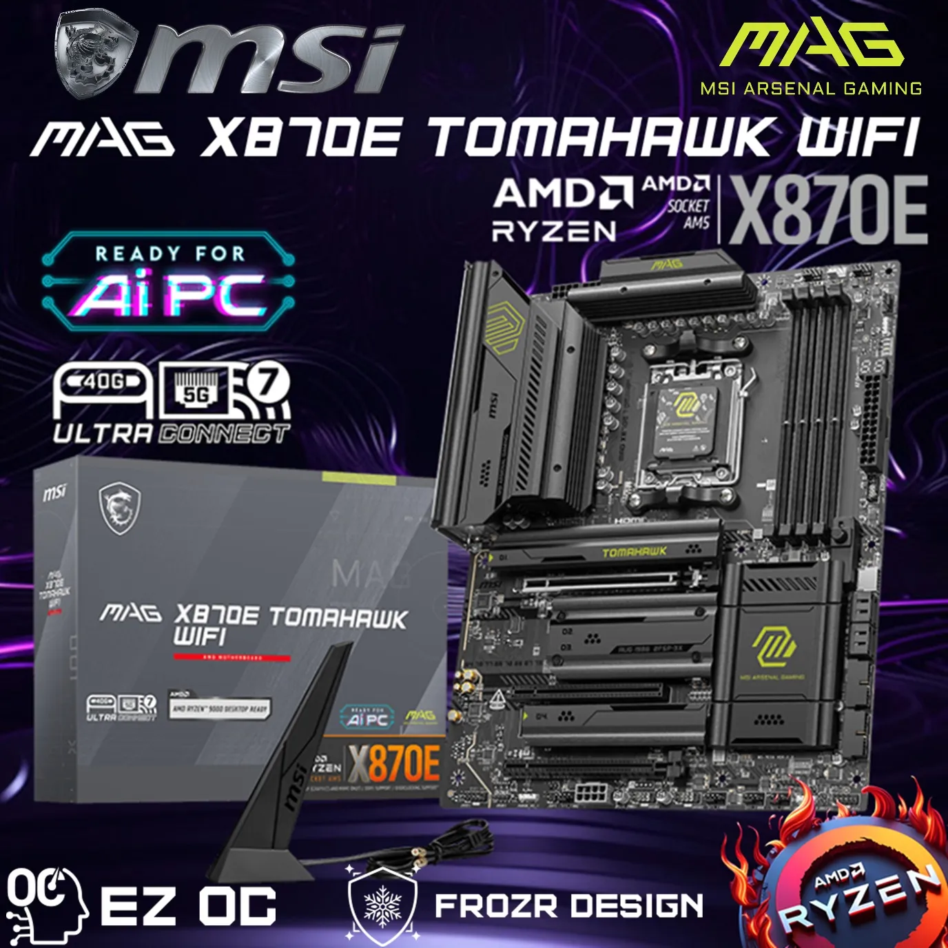 MSI MAG X870E TOMAHAWK WIFI AMD AM5 ATX Motherboard ; Dual Channel DDR5 8400+ MT/s (OC) ; PCIe 5.0 slot, Lightning Gen 5 x4 M.2 ; Audio Boost 5 ; Frozr Guard Heatsink ; Supports AMD Ryzen™ 9000 / 8000 / 7000 Series