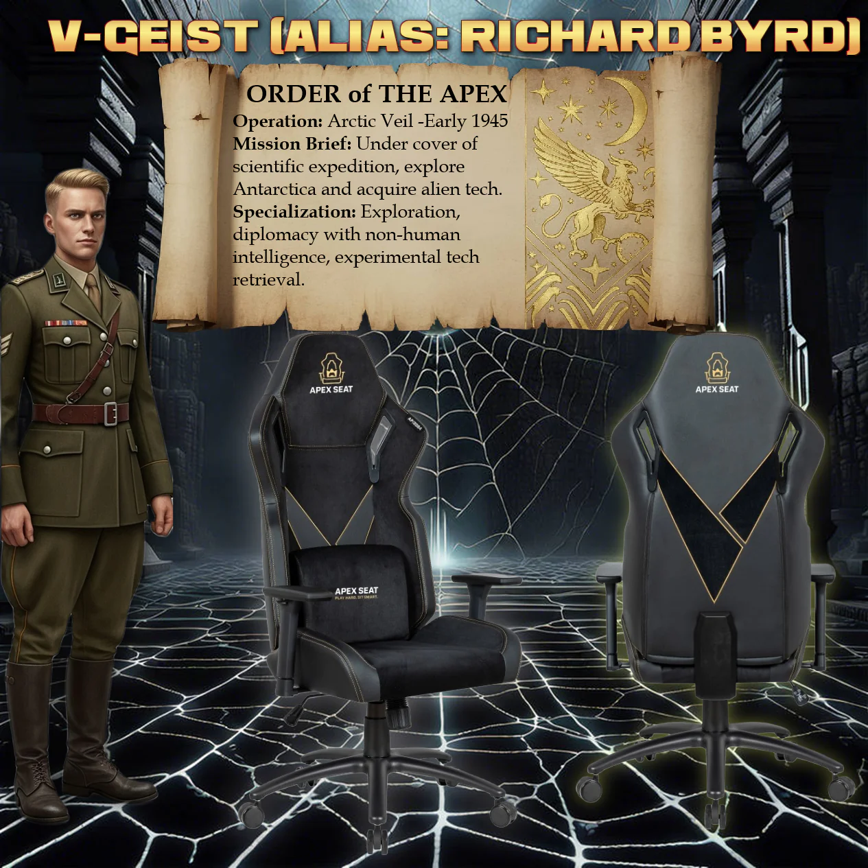 APEX SEAT “V-Geist ” Ergonomic Gaming Chair With 3D Armrests, PVC Leather & Velvet Fabric ,Frosted Metal Base, Class 4 Gaslift, PU Casters, Thick Cushion & Reclining Swivel Design , 200Kgs Weight Threshold . Headrest & Lumbar Pillow Included | BLACK WITH GOLD EMBROIDERY - Image 14