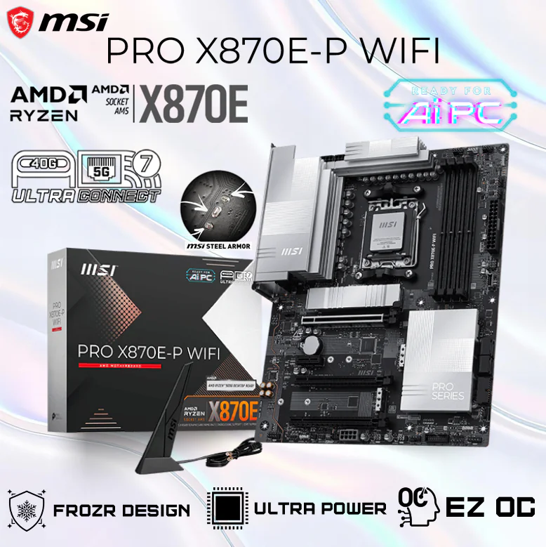 MSI PRO X870E-P WIFI AM5 Motherboard With 14+2+1 VRM, DDR5 8200+ OC, USB4 40Gbps, Wi-Fi 7, PCIe 5.0, Triple M.2 Gen 5/4, 5G LAN, AI Boost, Audio Boost & Mystic Light RGB, Supports AMD Ryzen 9000 / 8000 / 7000 Series