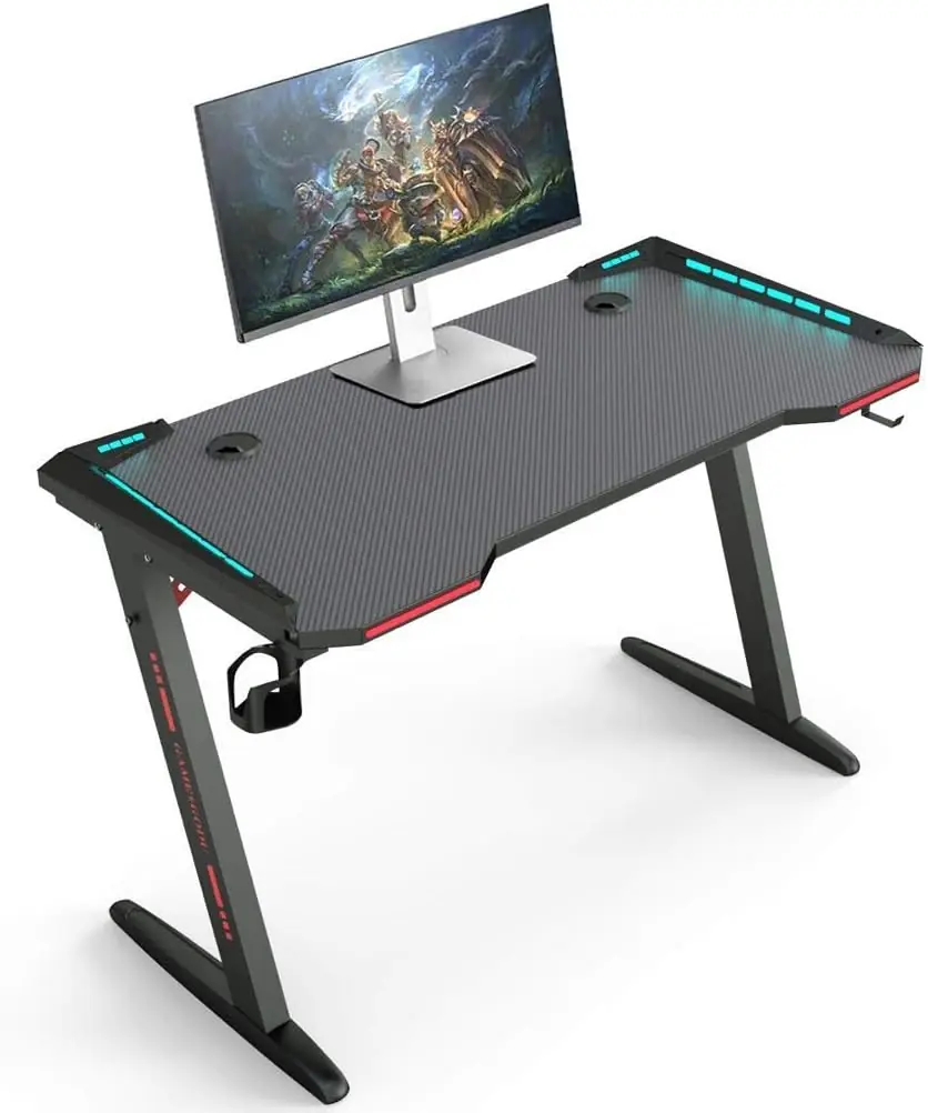 GT-02 RGB Gaming Table – 120×60cm Carbon Fiber Surface, Z-Shaped Metal Frame 74 cm Hight, RGB LED Lights, Cup Holder, Headset Hook, Dual Cable Ports, Steel Frame Stability, Customizable RGB Edge Lighting , Foldable & Compact - Image 2