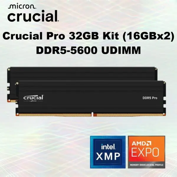Crucial Pro 32GB Kit (16GBx2) DDR5-5600 UDIMM 1.1V CL46 ; Intel XMP 3.0 & AMD EXPO Support ; Low-Profile Heat Spreader ; 1.1V Plug & Play RAM for 12th–14th Gen Intel & Ryzen 7000 PCs