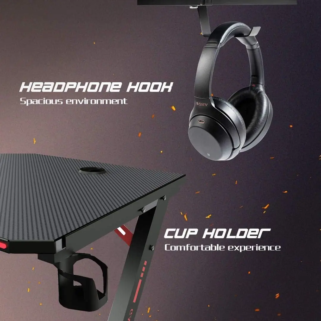 GT-02 RGB Gaming Table – 120×60cm Carbon Fiber Surface, Z-Shaped Metal Frame 74 cm Hight, RGB LED Lights, Cup Holder, Headset Hook, Dual Cable Ports, Steel Frame Stability, Customizable RGB Edge Lighting , Foldable & Compact - Image 5