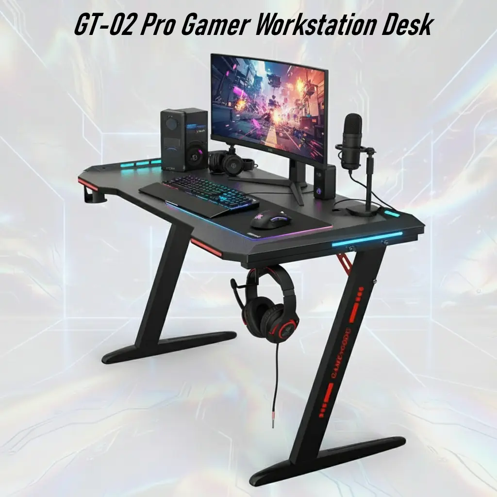 GT-02 RGB Gaming Table – 120×60cm Carbon Fiber Surface, Z-Shaped Metal Frame 74 cm Hight, RGB LED Lights, Cup Holder, Headset Hook, Dual Cable Ports, Steel Frame Stability, Customizable RGB Edge Lighting , Foldable & Compact - Image 6