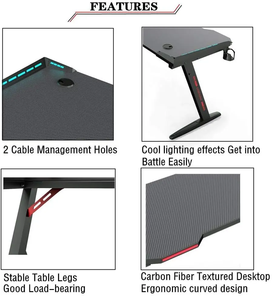 GT-02 RGB Gaming Table – 120×60cm Carbon Fiber Surface, Z-Shaped Metal Frame 74 cm Hight, RGB LED Lights, Cup Holder, Headset Hook, Dual Cable Ports, Steel Frame Stability, Customizable RGB Edge Lighting , Foldable & Compact - Image 3