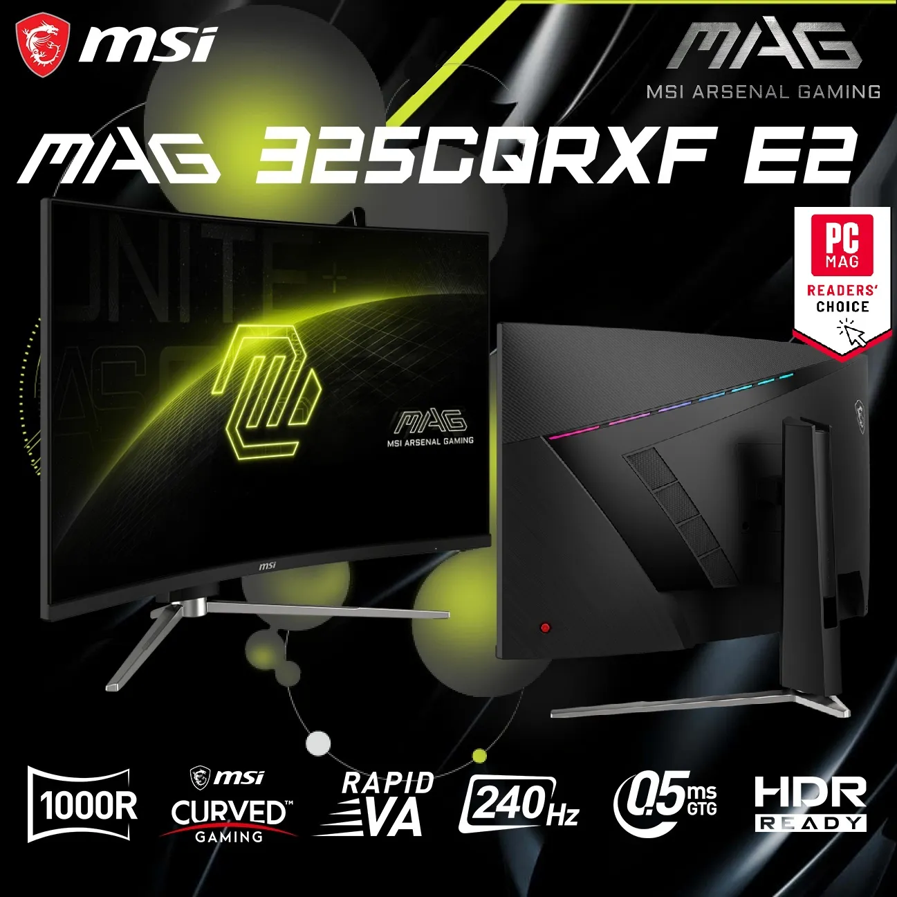 MSI MAG 325CQRXF E2 31.5″ WQHD 240Hz Curved Gaming Monitor ;(1000R) HDR Ready Rapid VA Panel 0.5ms GtG ; 2560 x 1440 (WQHD) High Resolution ; (1000R) Curved Display ; AI Vision ; Height/Tilt/Swivel Adjustability | 1 YEAR WARRANTY