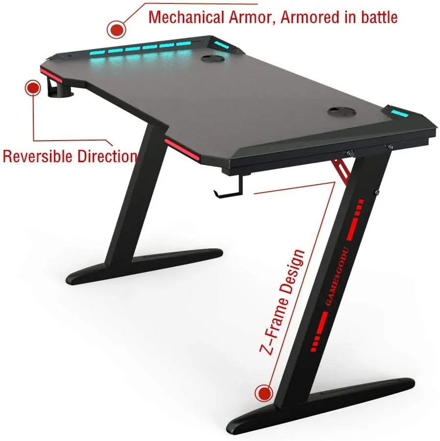 GT-02 RGB Gaming Table – 120×60cm Carbon Fiber Surface, Z-Shaped Metal Frame 74 cm Hight, RGB LED Lights, Cup Holder, Headset Hook, Dual Cable Ports, Steel Frame Stability, Customizable RGB Edge Lighting , Foldable & Compact - Image 7