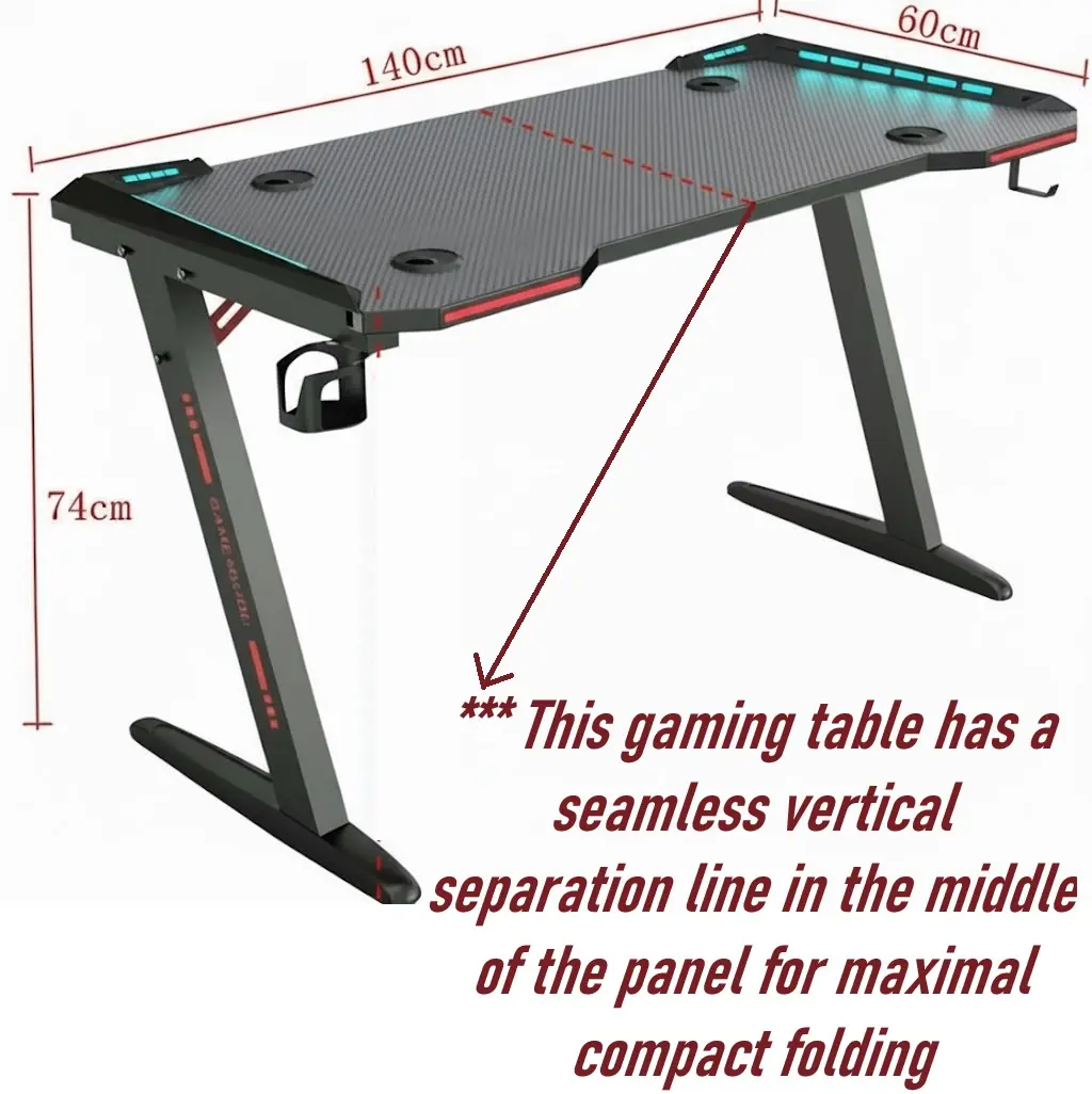 GT-02 RGB Gaming Table – 120×60cm Carbon Fiber Surface, Z-Shaped Metal Frame 74 cm Hight, RGB LED Lights, Cup Holder, Headset Hook, Dual Cable Ports, Steel Frame Stability, Customizable RGB Edge Lighting , Foldable & Compact - Image 8