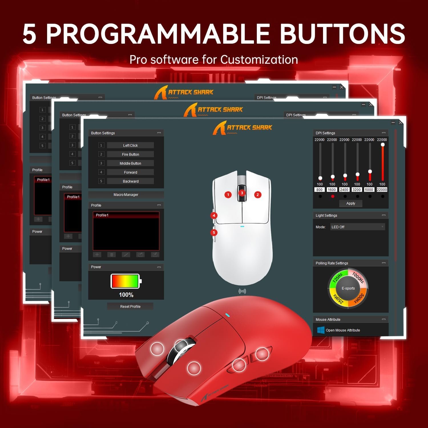 ATTACK SHARK X11 Tri-Mode Gaming Mouse with PAW3311 Sensor, 800–22000 DPI, 5 Programmable Buttons, RGB Charging Dock, Ultralight 62g Ergonomic Design, Wired/2.4G/Bluetooth - Image 5