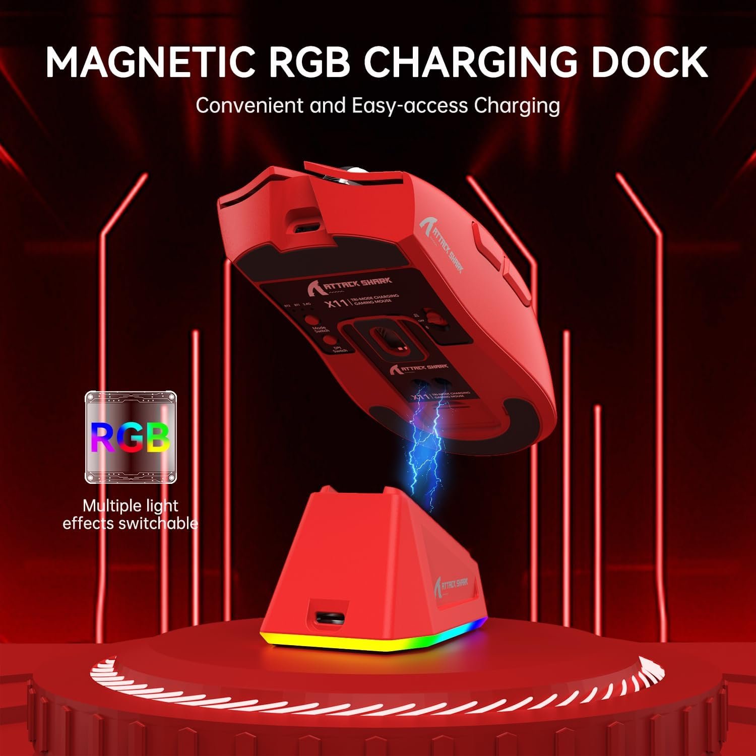 ATTACK SHARK X11 Tri-Mode Gaming Mouse with PAW3311 Sensor, 800–22000 DPI, 5 Programmable Buttons, RGB Charging Dock, Ultralight 62g Ergonomic Design, Wired/2.4G/Bluetooth - Image 6
