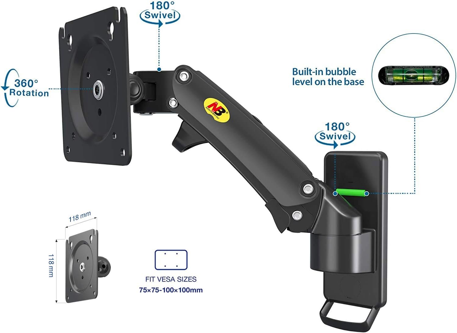 Wall Mount Bracket Arm for LED LCD TV Screen Monitor – Full Motion Articulating Swivel for 17″ ~ 27″ Inch Monitors with Adjustable Gas Spring - Image 2