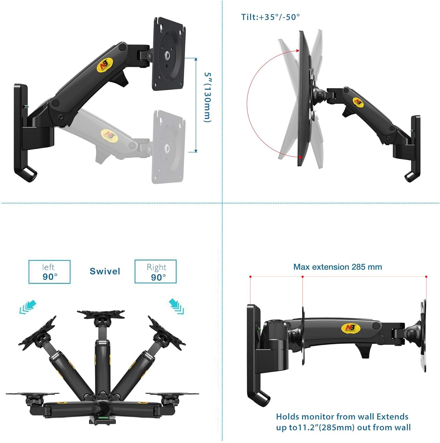 Wall Mount Bracket Arm for LED LCD TV Screen Monitor – Full Motion Articulating Swivel for 17″ ~ 27″ Inch Monitors with Adjustable Gas Spring - Image 5