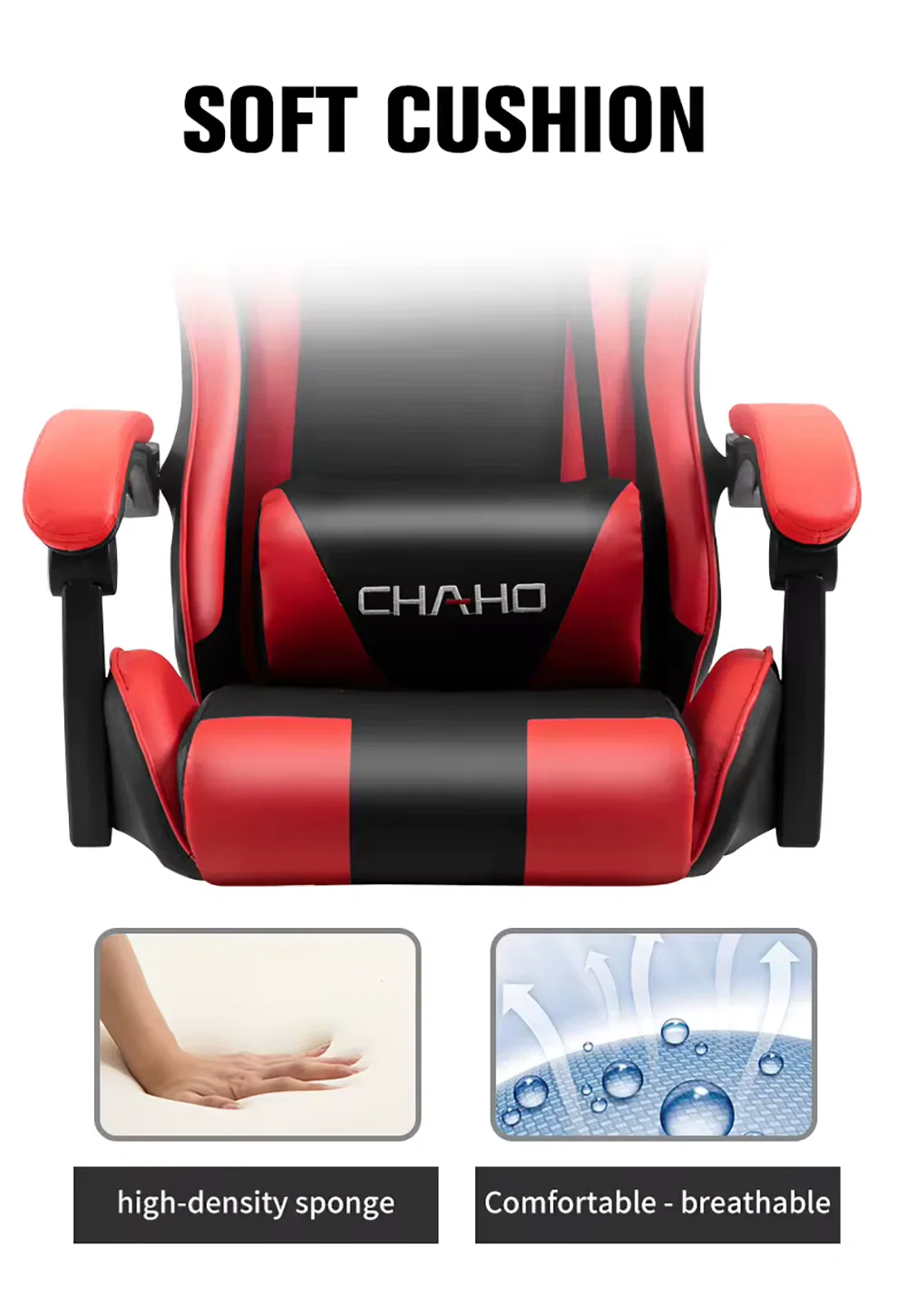 Chaho YT-055 Gaming Chair | High-Back Ergonomic Office Chair | Retractable Footrest | Adjustable Armrests | PU Leather | Headrest & Lumbar Support | Red - Image 2