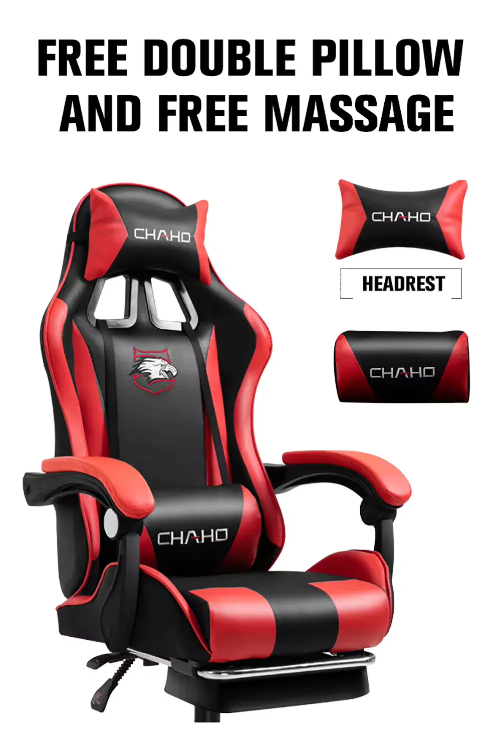 Chaho YT-055 Gaming Chair | High-Back Ergonomic Office Chair | Retractable Footrest | Adjustable Armrests | PU Leather | Headrest & Lumbar Support | Red - Image 3