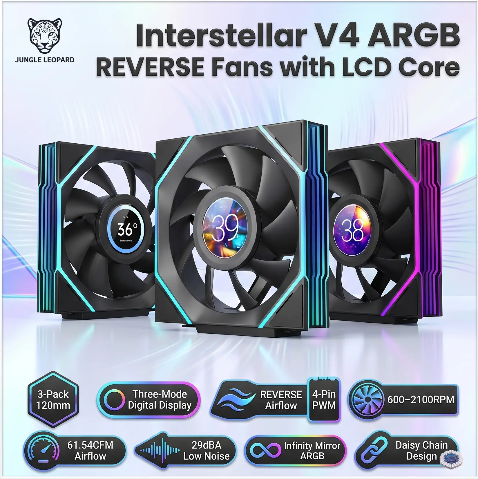 Interstellar V4 120mm Case Fan|Computer Cooling PC ARGB CPU Cooler Daisy Chain Fan|Three-Mode Digital Display|Infinity Mirror Design|600-2100 4Pin PWM Control(Black-white-3fan)