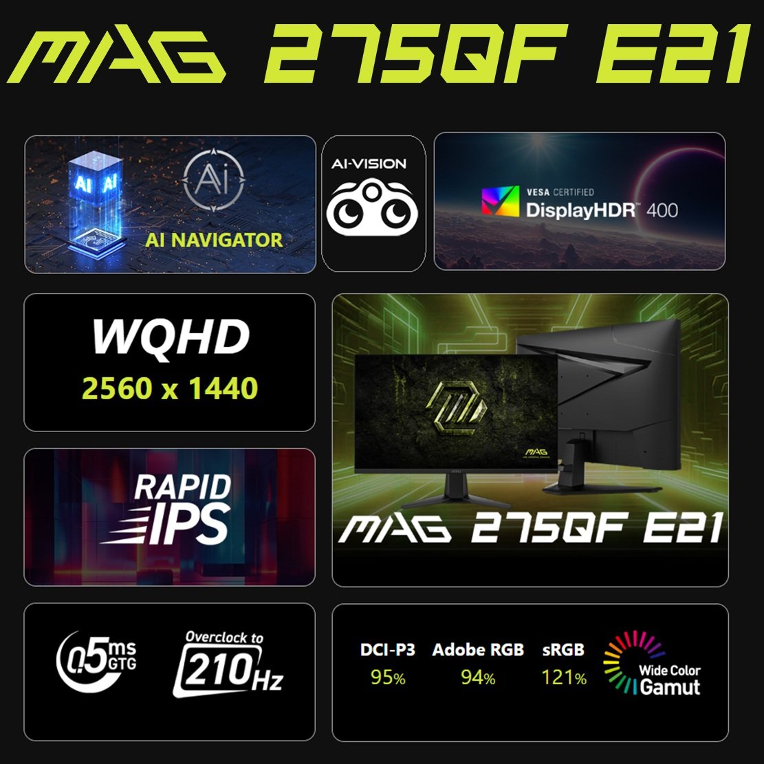MSI MAG 275QF E21 WQHD 27-inch Rapid IPS Monitor , 210Hz(OC) 0.5ms (GtG, Min.) , DisplayHDR 400, AI Vision, Console Mode, AI Crosshair , Adaptive-Sync, Wide Color Gamut | BLACK - Image 2