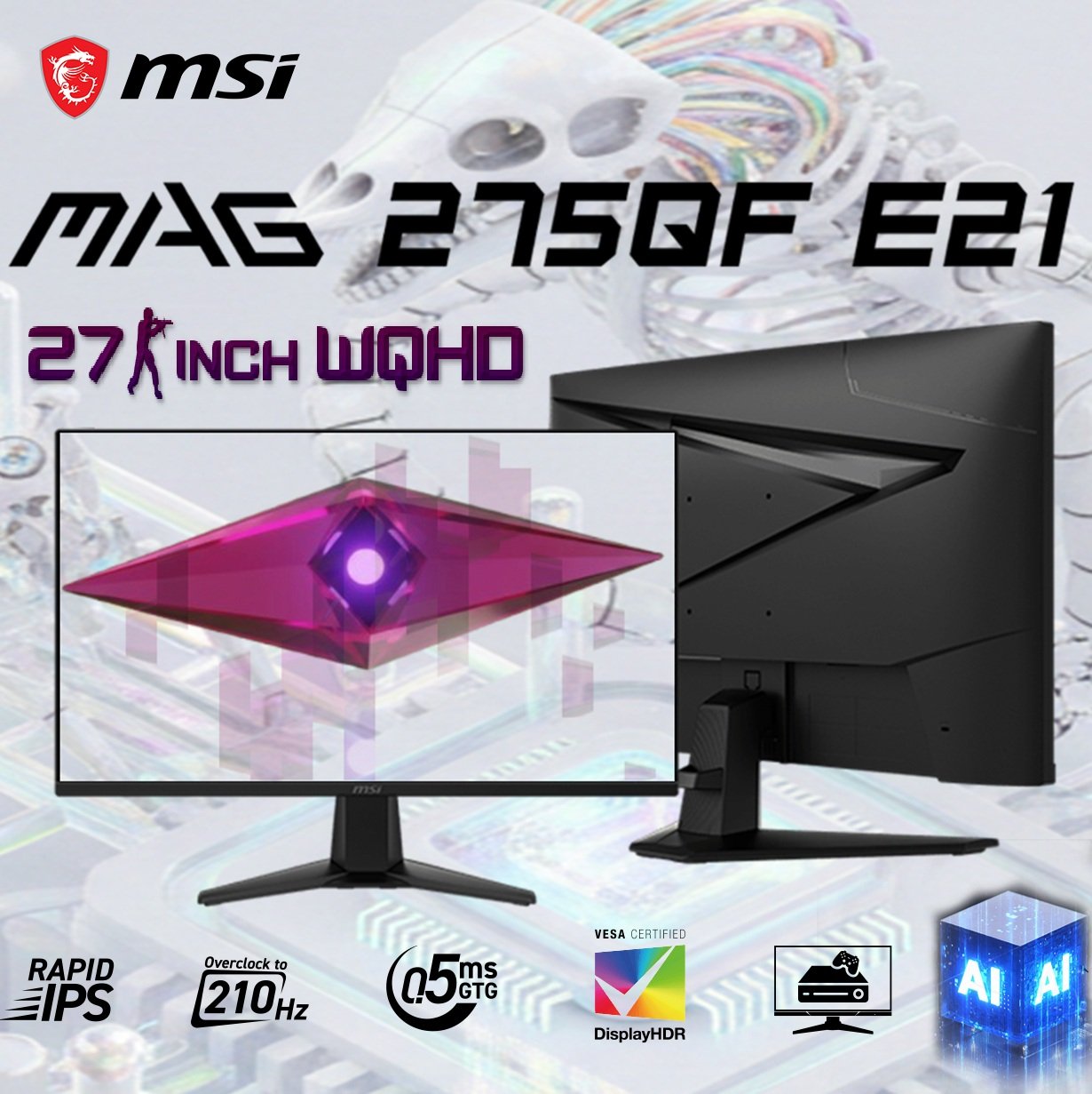 MSI MAG 275QF E21 WQHD 27-inch Rapid IPS Monitor , 210Hz(OC) 0.5ms (GtG, Min.) , DisplayHDR 400, AI Vision, Console Mode, AI Crosshair , Adaptive-Sync, Wide Color Gamut | BLACK
