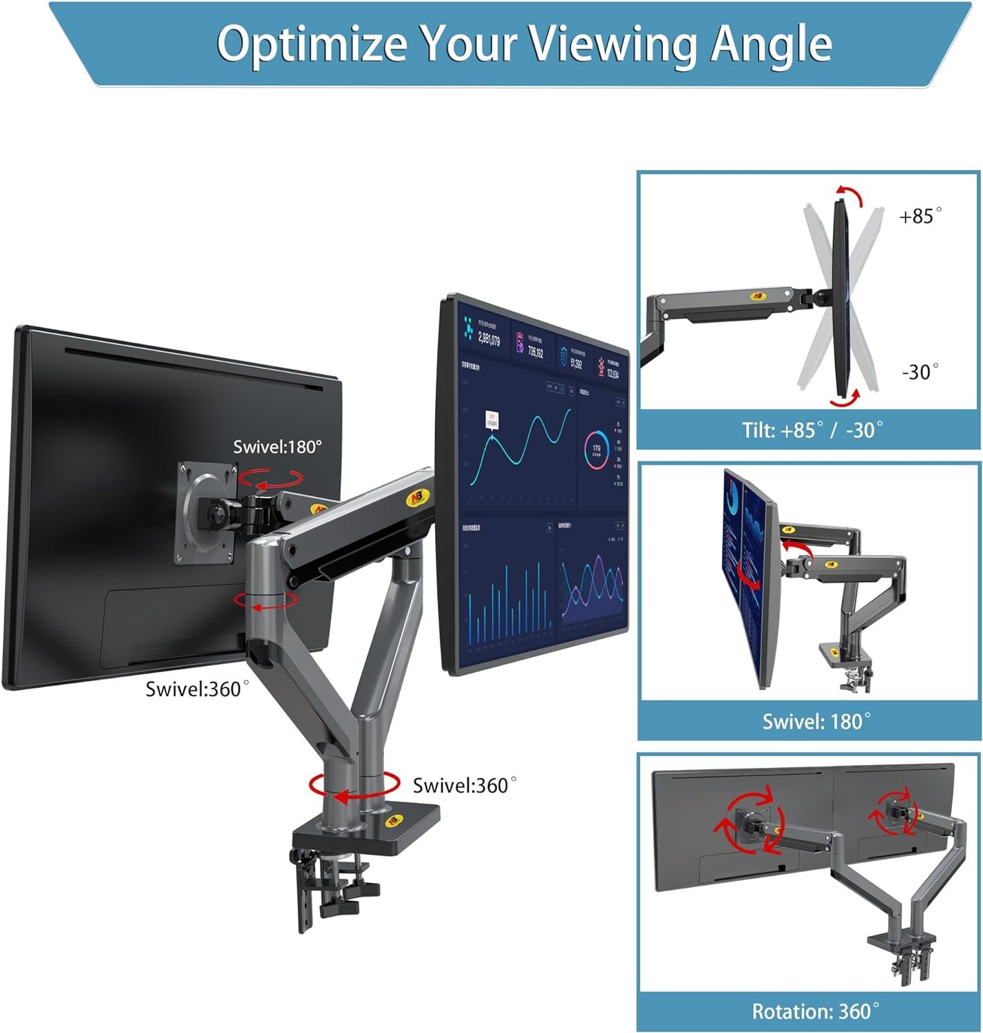 Dual Monitor, 22”-32”, Arm Ultra Wide Full Motion Swivel Mount with Gas Spring, Load Capacity from 2 to 15 Kg Each Height Adjustable Stand G35 - Image 7