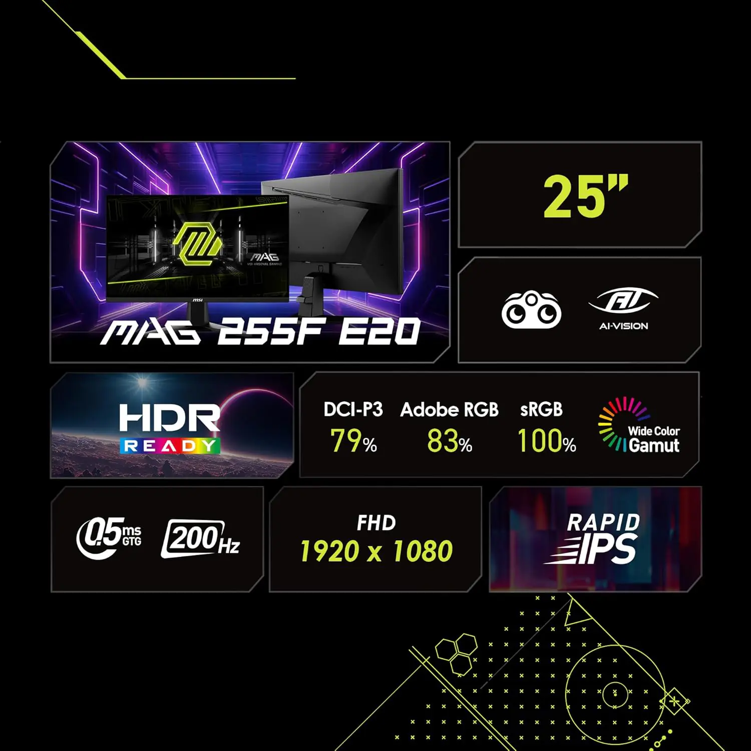 MSI MAG 255F E20 24.5″ FHD Gaming Monitor With 200Hz Rapid IPS, 0.5ms Response, HDR Ready, Adaptive Sync, HDMI 2.0b, DisplayPort, Anti-Flicker, Tilt Stand, VESA Mount | Metallic Black - Image 16