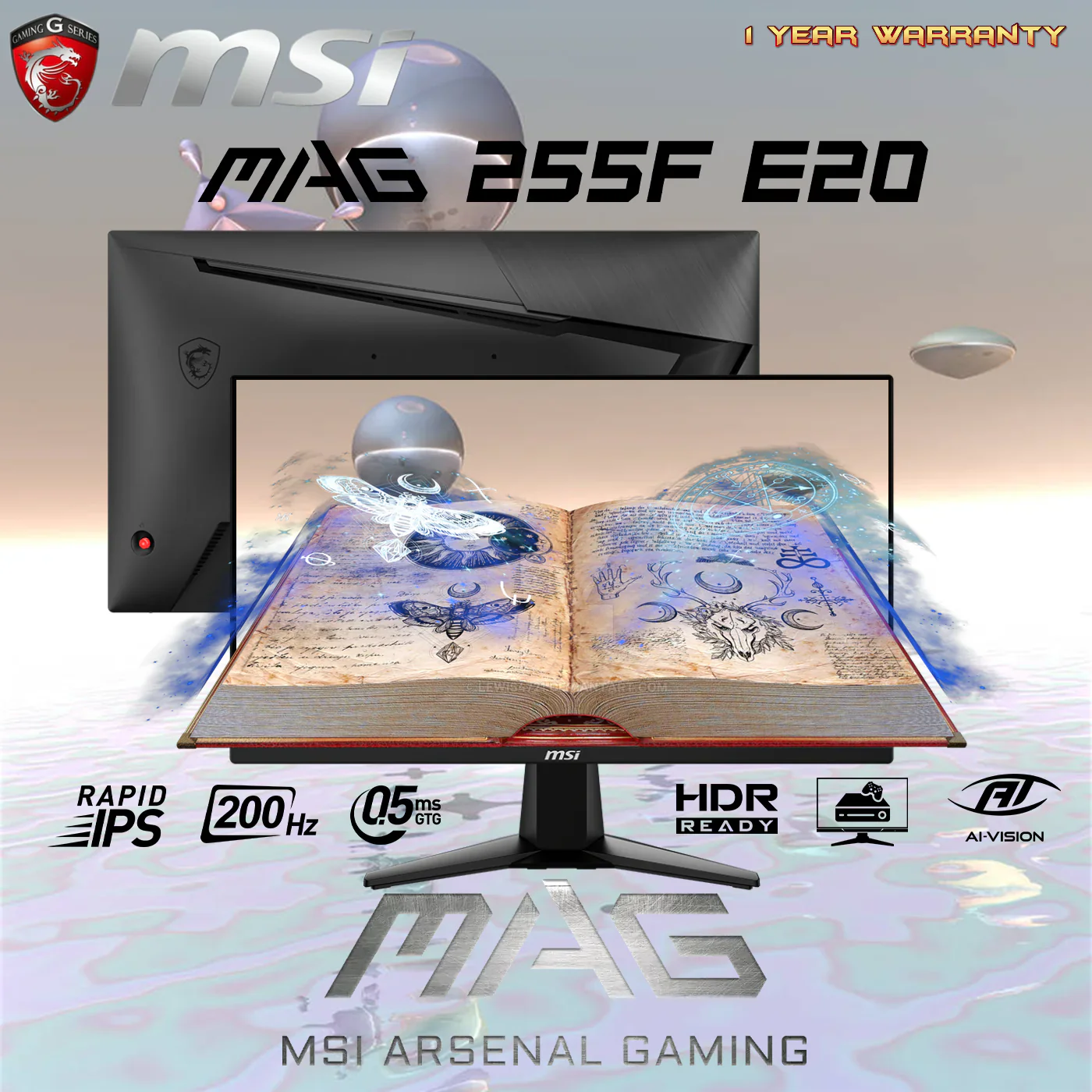 MSI MAG 255F E20 24.5″ FHD Gaming Monitor With 200Hz Rapid IPS, 0.5ms Response, HDR Ready, Adaptive Sync, HDMI 2.0b, DisplayPort, Anti-Flicker, Tilt Stand, VESA Mount | Metallic Black