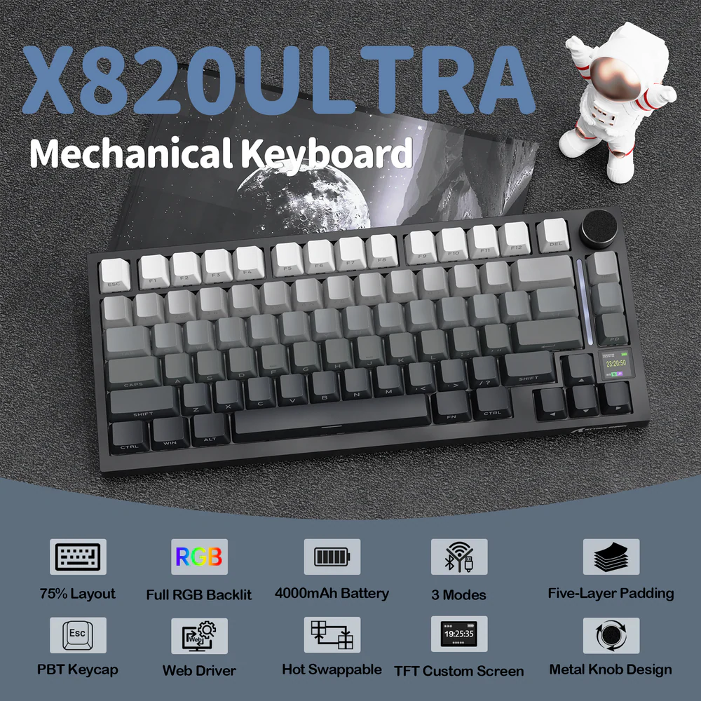 ATTACK SHARK X820 Ultra 75% Tri-Mode Gasket Mechanical Keyboard With Smart TFT Display, Metal Knob, Hot-Swappable Linear “GIFT” Switches, 4000mAh Battery, And RGB Backlight | Moonlit Night - Image 2