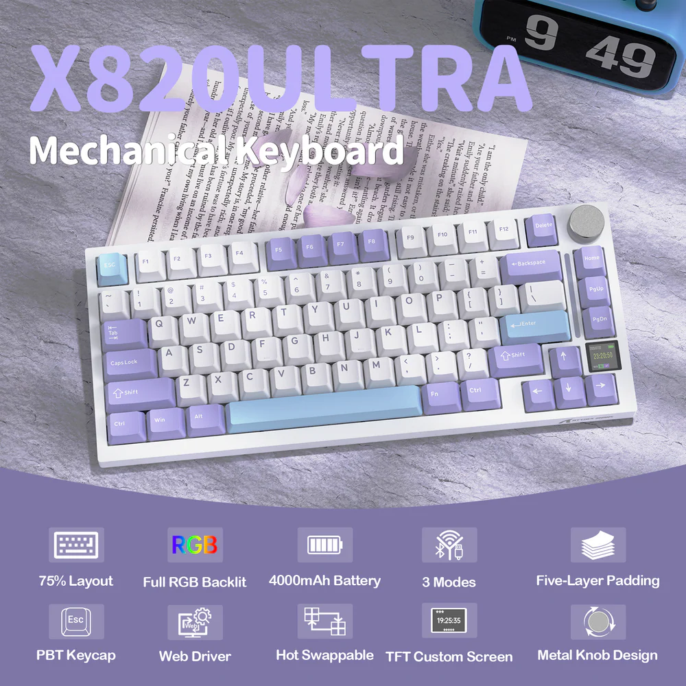ATTACK SHARK X820 Ultra 75% Tri-Mode Gasket Mechanical Keyboard With Smart TFT Display, Metal Knob, Hot-Swappable Linear “GIFT” Switches, 4000mAh Battery, And RGB Backlight | Star White - Image 2