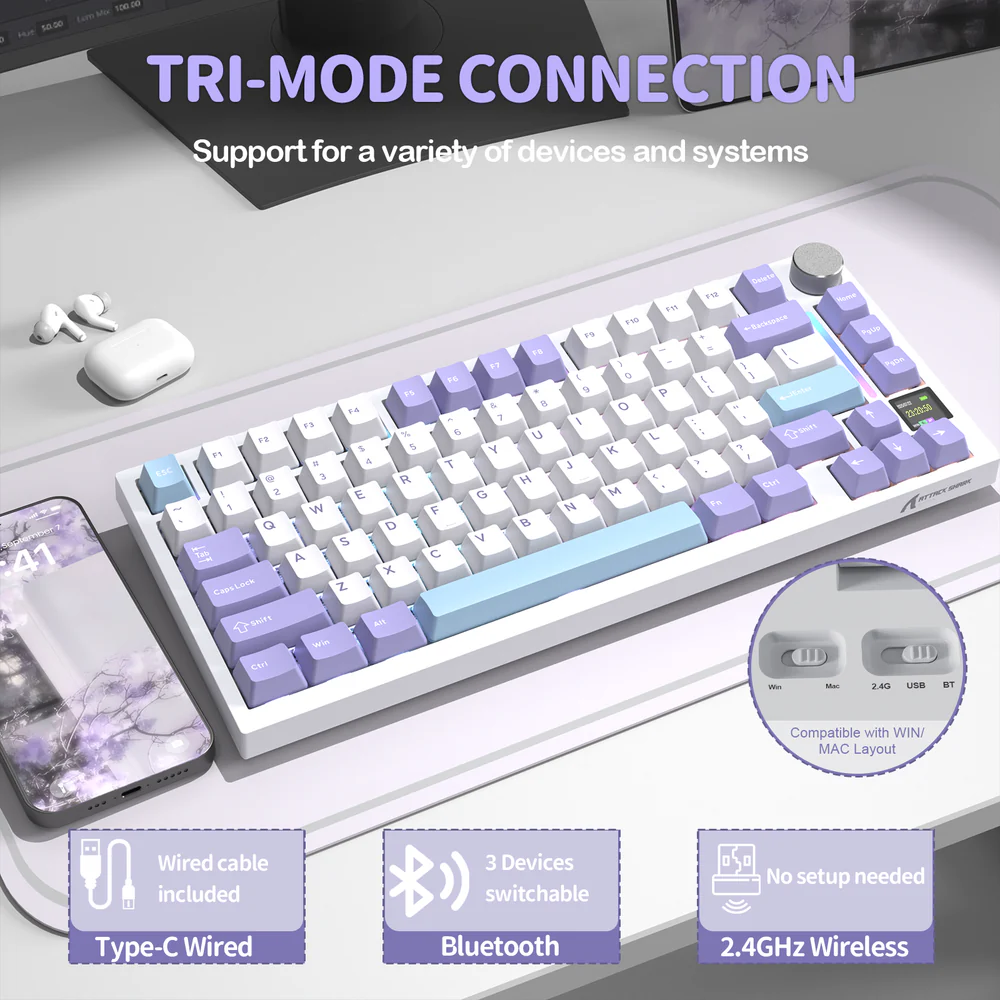 ATTACK SHARK X820 Ultra 75% Tri-Mode Gasket Mechanical Keyboard With Smart TFT Display, Metal Knob, Hot-Swappable Linear “GIFT” Switches, 4000mAh Battery, And RGB Backlight | Star White - Image 3
