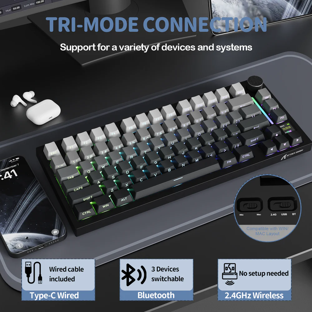 ATTACK SHARK X820 Ultra 75% Tri-Mode Gasket Mechanical Keyboard With Smart TFT Display, Metal Knob, Hot-Swappable Linear “GIFT” Switches, 4000mAh Battery, And RGB Backlight | Moonlit Night - Image 3