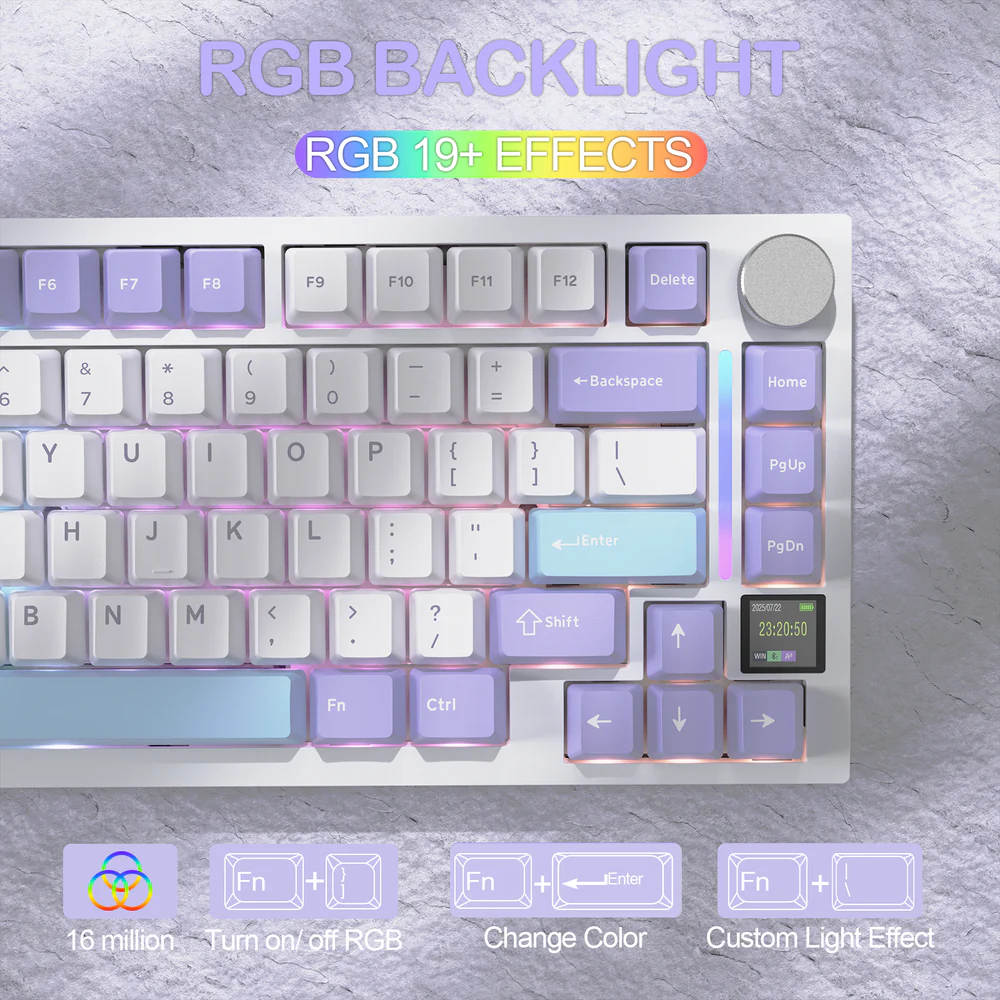 ATTACK SHARK X820 Ultra 75% Tri-Mode Gasket Mechanical Keyboard With Smart TFT Display, Metal Knob, Hot-Swappable Linear “GIFT” Switches, 4000mAh Battery, And RGB Backlight | Star White - Image 5