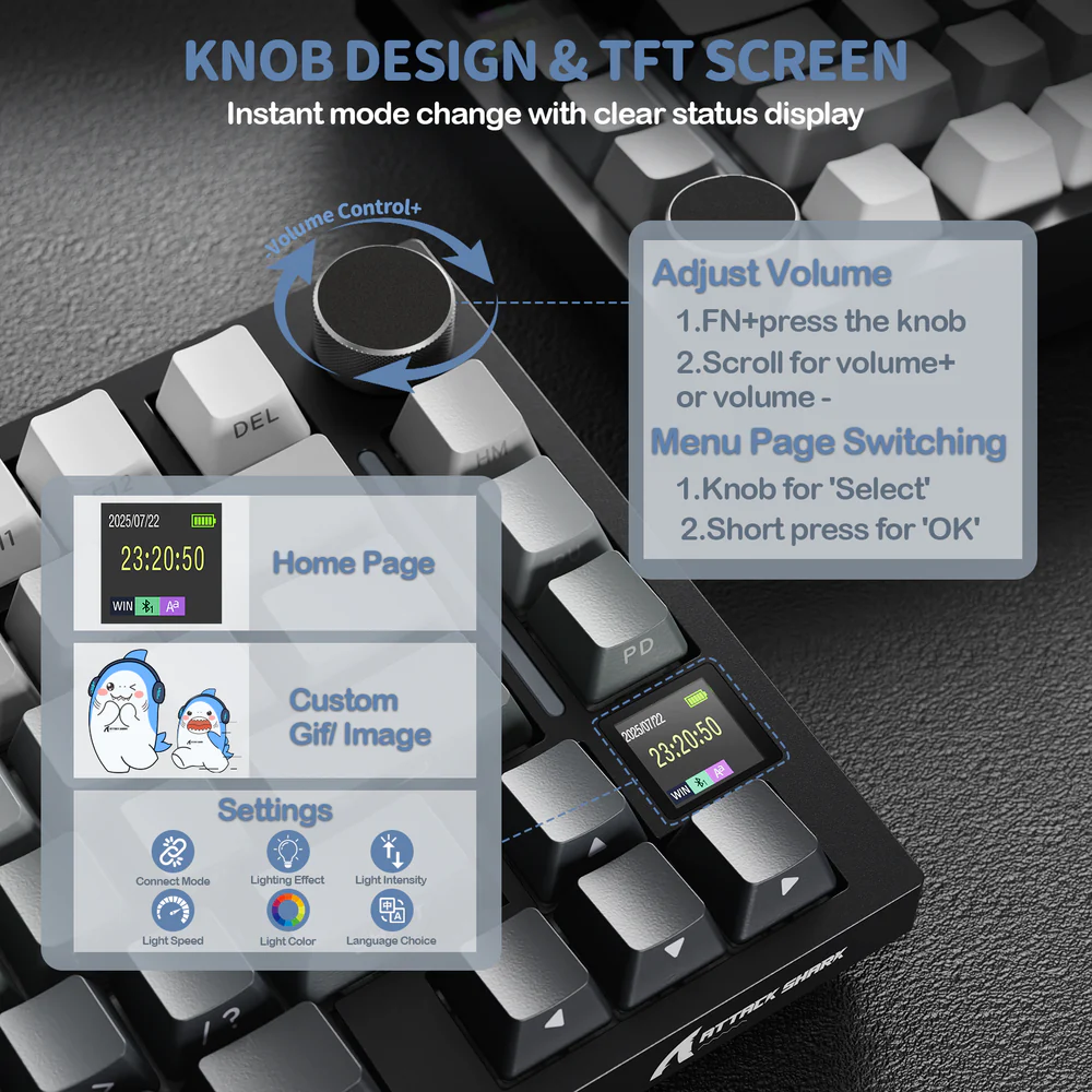ATTACK SHARK X820 Ultra 75% Tri-Mode Gasket Mechanical Keyboard With Smart TFT Display, Metal Knob, Hot-Swappable Linear “GIFT” Switches, 4000mAh Battery, And RGB Backlight | Moonlit Night - Image 6