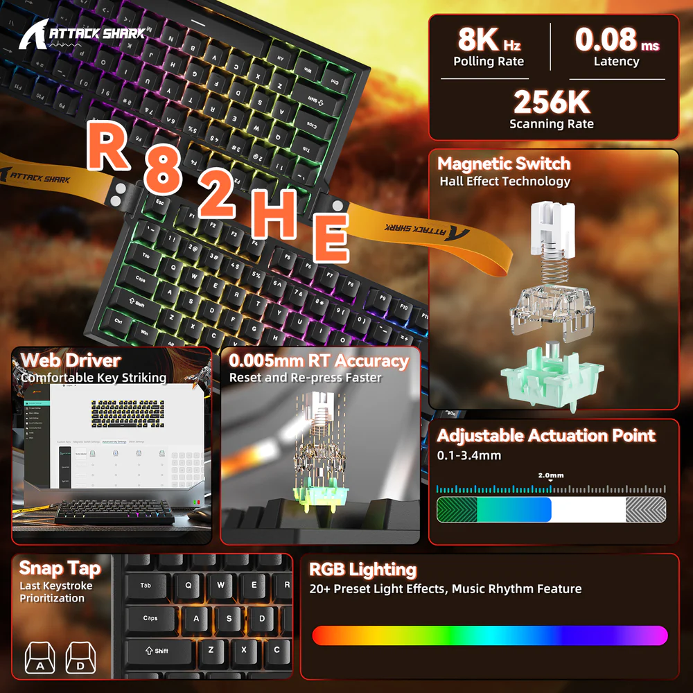 ATTACK SHARK R82 HE 75% Wired Magnetic Gaming Keyboard With 8000Hz Polling Rate, 0.005mm Rapid Trigger Accuracy, 256KHz Scan Rate, 5-Layer Sound Damping, And RGB Backlight | BLACK - Image 10