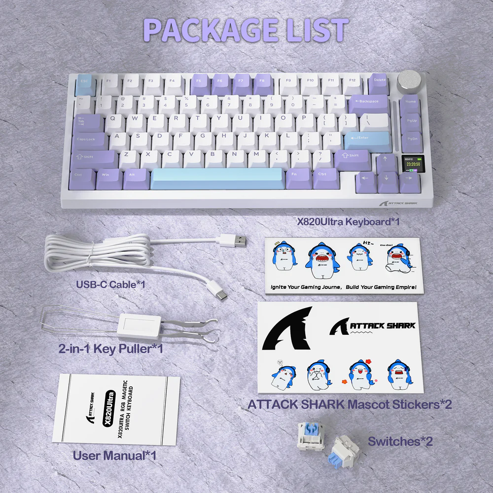 ATTACK SHARK X820 Ultra 75% Tri-Mode Gasket Mechanical Keyboard With Smart TFT Display, Metal Knob, Hot-Swappable Linear “GIFT” Switches, 4000mAh Battery, And RGB Backlight | Star White - Image 9