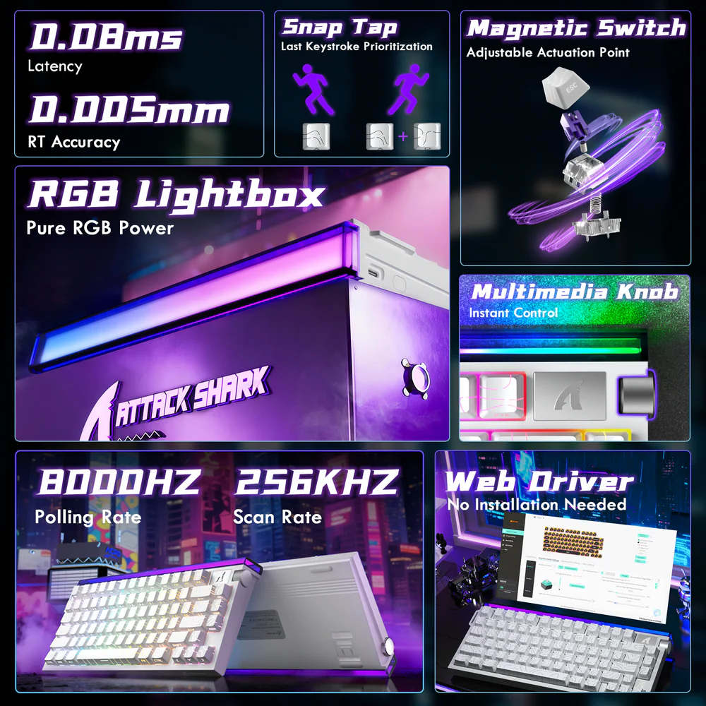 ATTACK SHARK R85 HE 75% Wired Magnetic Keyboard With 8000Hz Polling Rate, 0.005mm Rapid Trigger Accuracy, Custom RGB Lightbox, Multimedia Knob, And 5-Layer Sound System | White Contour - Image 10